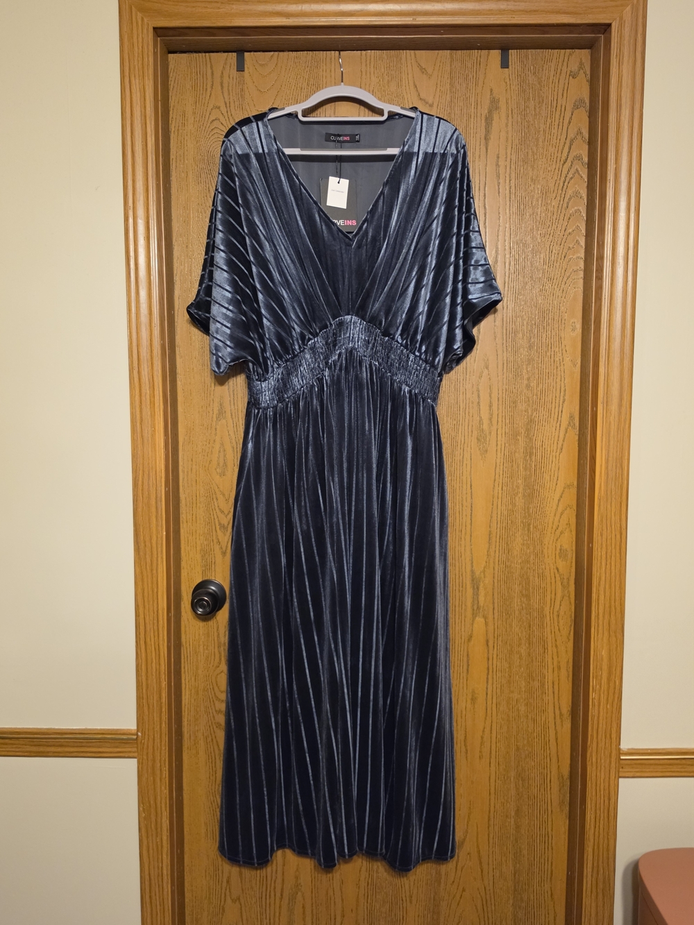 Dark Blue Velvet V-Neck Maxi Dress with Smocked Waist